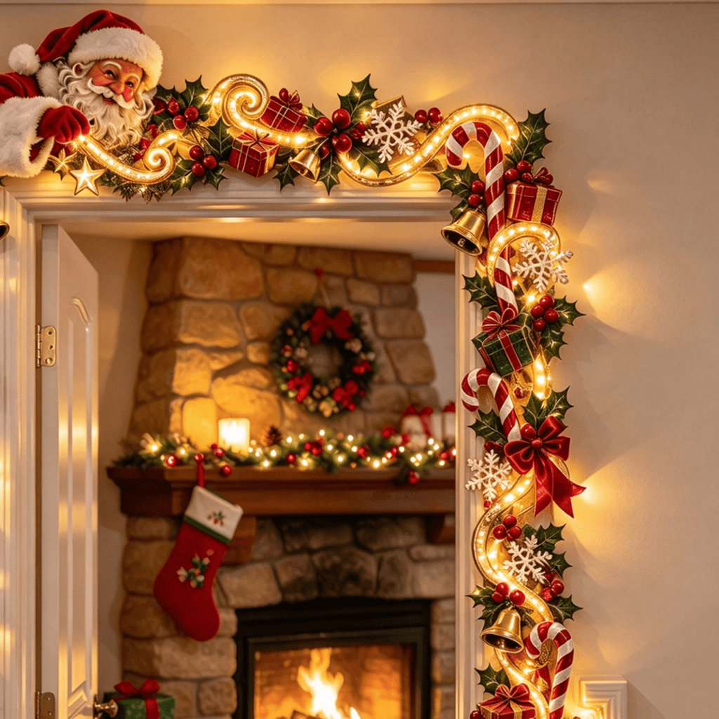 Lighted Christmas Stair Railing Garland Pack of 5 Santa Figures Snow Scene Ornament for Staircase Banister Indoor Display