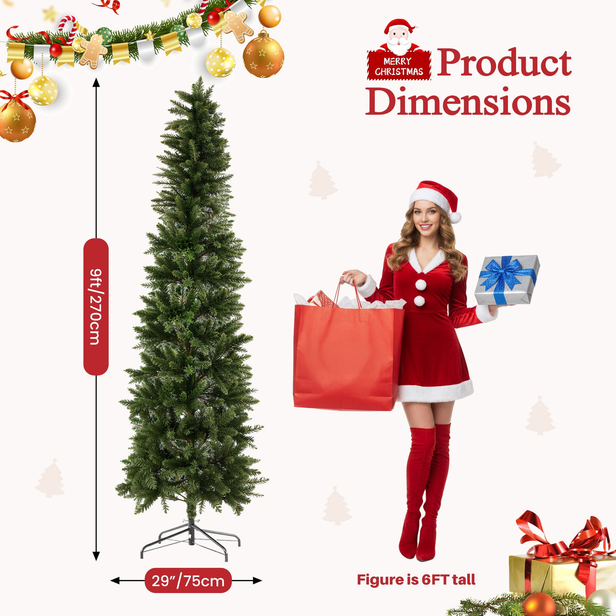 edx 9ft Pre-lit Pencil Christmas Tree, Green Artificial Spruce Slim Christmas Trees, With 500 LED Lights, 1100 Branch Tips & Foldable Base, For Home, Office, Party Decoration