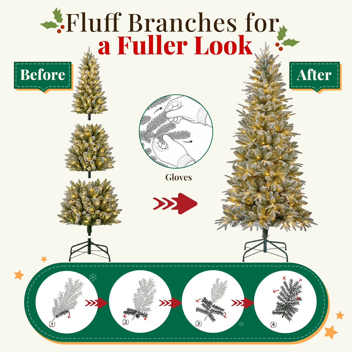 Goosiay 6 ft Pre-Lit Frosted Slim Aspen Fir Artificial Christmas Tree, PE & PVC Branches, 200 Warm White & Multicolor Lights, 10 Light Modes, 853 Branch Tips