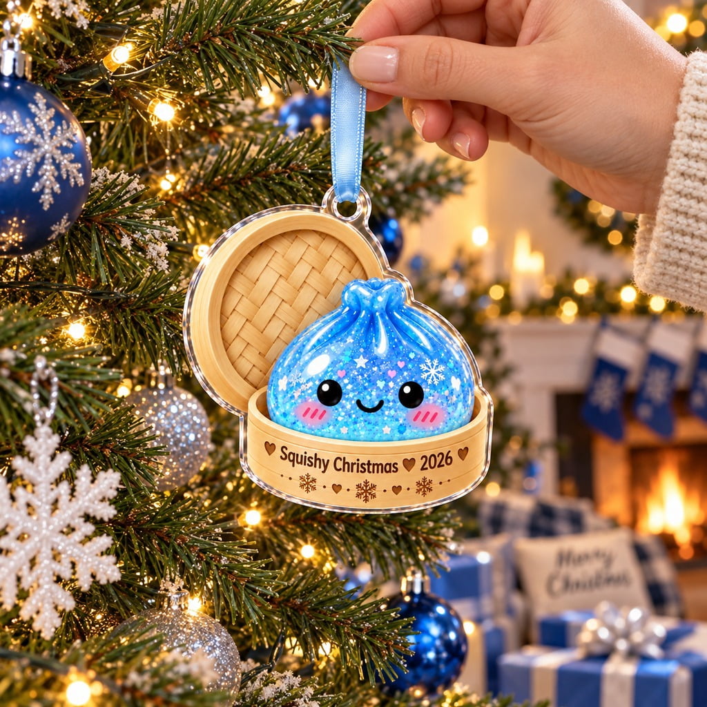 Christmas Ornament Blue Squishy Dumpling in Bamboo Steamer for Tree, Cute Squishy Lover Gift