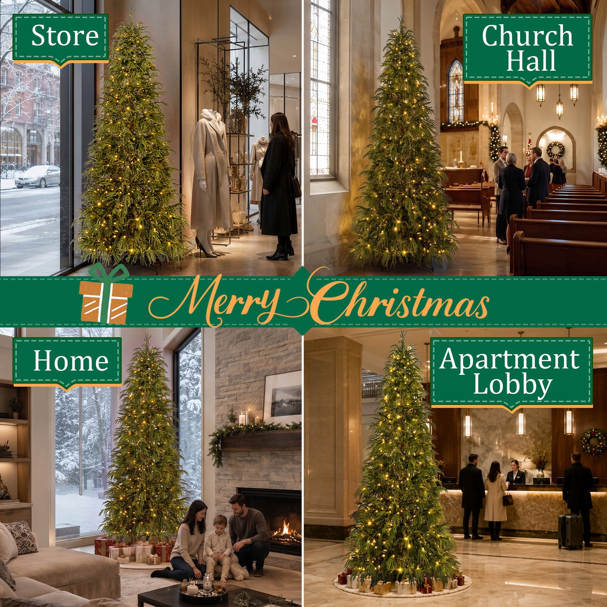 Goosiay 7 ft Pre-Lit Norfolk Pine Christmas Tree, PE Slim Artificial Tree with 300 Warm White & Multicolor 10-Function Lights, 6718 Branch Tips,Green