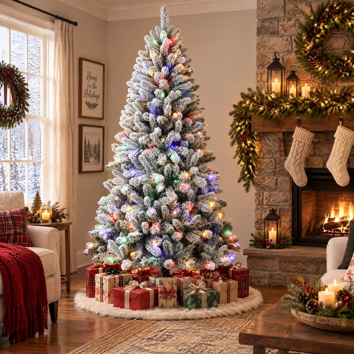6.5' Pre-Lit Frisco Pine Snow-Flocked Green Artificial Christmas Tree with 250 Color-Changing LED Lights and Stand, by Holiday Time