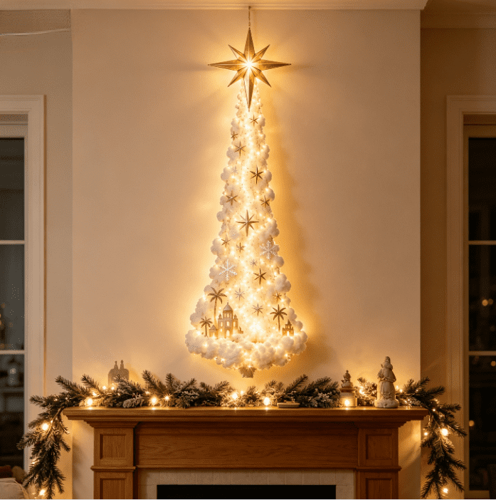 Lighted Christmas Stair Railing Garland Pack of 5 Santa Figures Snow Scene Ornament for Staircase Banister Indoor Display