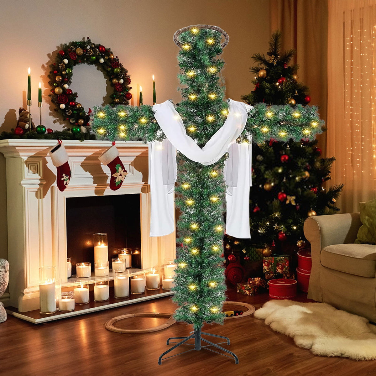 XEOVHV 6Ft Cross Christmas Tree,Foldable Cross Christmas Tree,Christmas Tree Shaped Like a Cross,Pre-Lit Artificial Pine Christmas Cross,with 50 LED Light and Silk Scarf Wood Rattan Ring