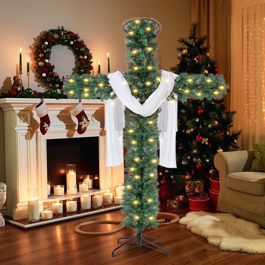Loyerfyivos 6Ft Pre-Lit Christmas Crosses Tree Artificial Christmas Cross Tree Artificial Xmas Tree with LED Light and Christ Crown Silk Scarf Wood Rattan Ring for Home Decor Celebrate Lord Savio