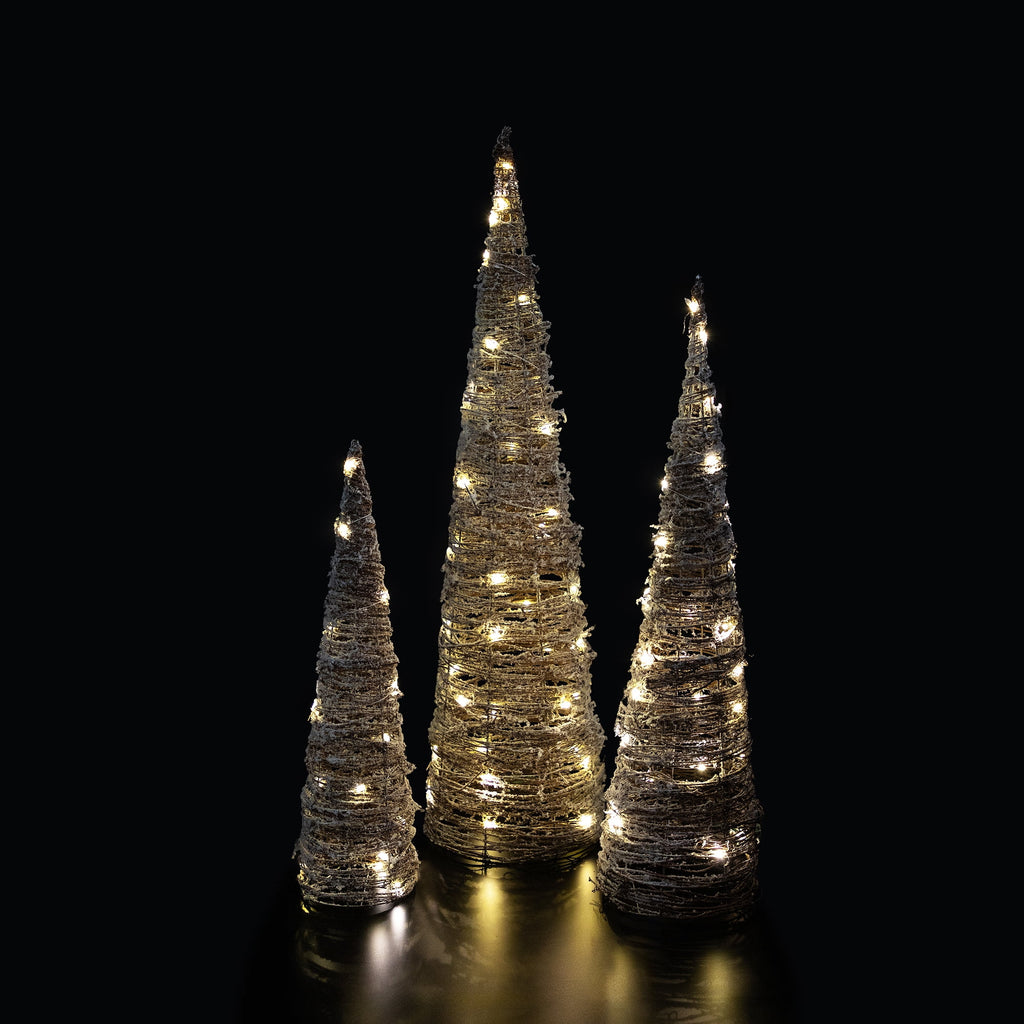 Northlight LED Lighted Snowy Rattan Christmas Cone Tree Decorations - 39.5" - Set of 3