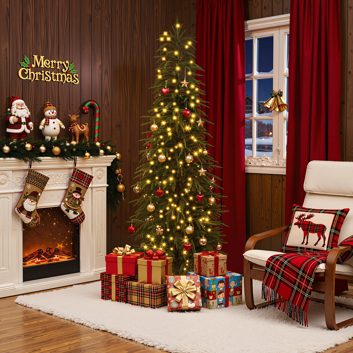DR.Planzen 6' Pre-Lit Green Cypress Artificial Christmas Tree with 220 Warm White LED Lights, Pencil Xmas Tree with Metal Stand, Indoor Holiday Centerpiece