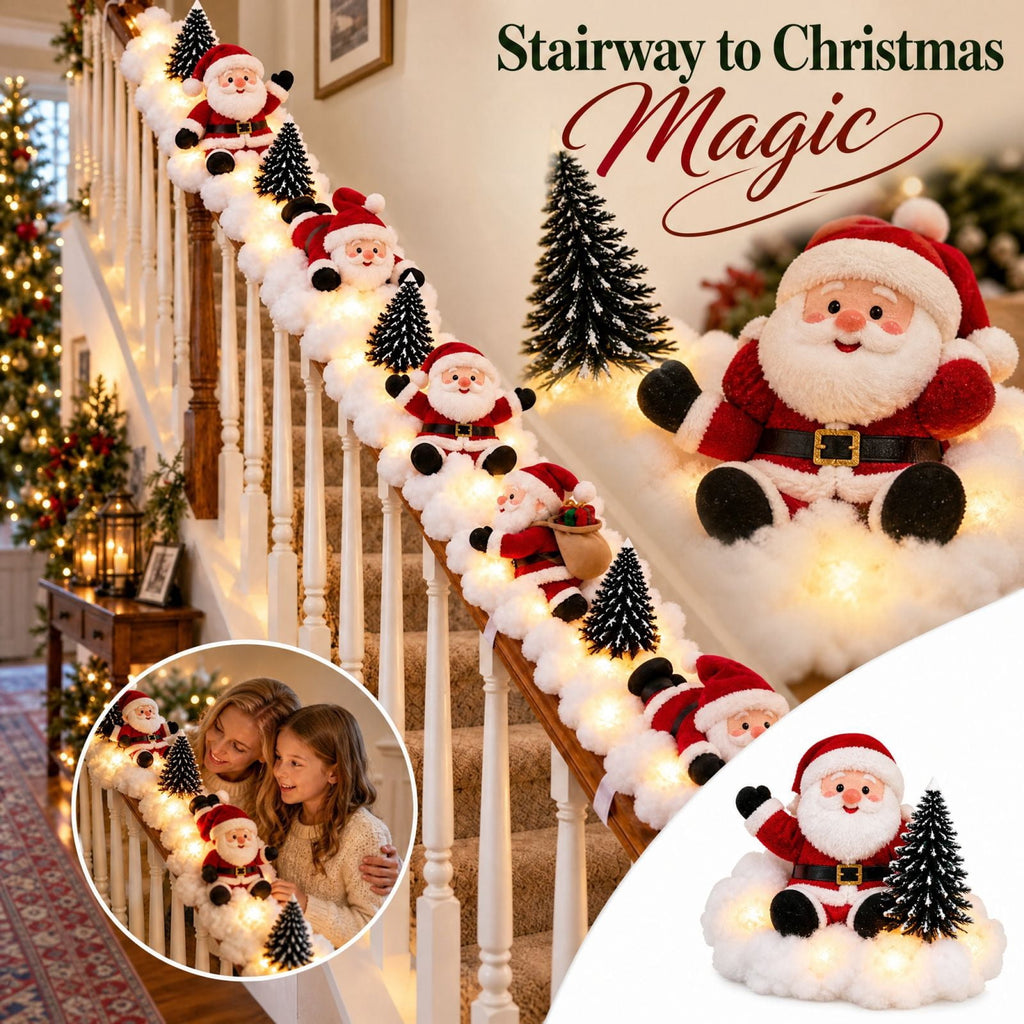 Lighted Christmas Stair Railing Garland Pack of 5 Santa Figures Snow Scene Ornament for Staircase Banister Indoor Display