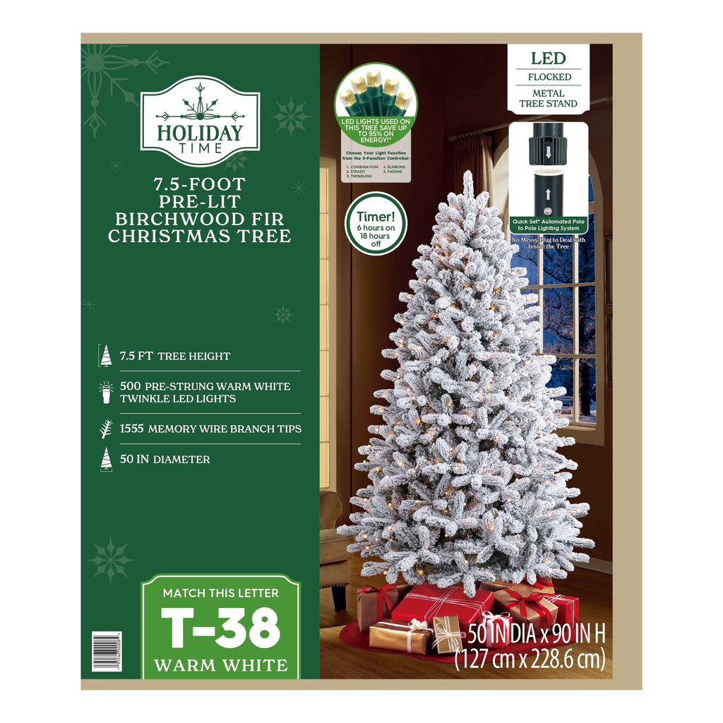 7.5' Pre-Lit Birchwood Fir Green Artificial Christmas Tree with 500 Warm White Twinkle LED Lights, Quick Set, and Stand, by Holiday Time