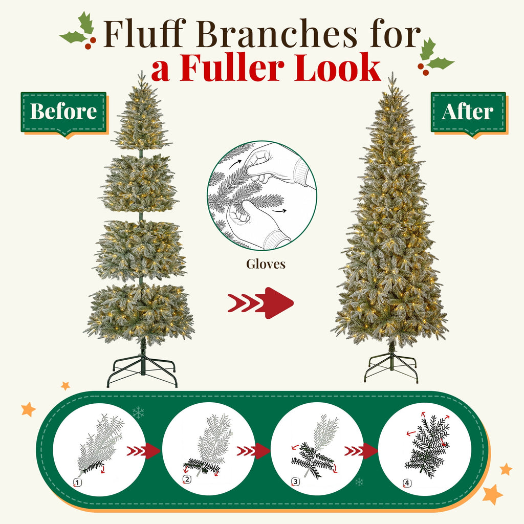 Goosiay 6 ft Pre-Lit Frosted Slim Aspen Fir Artificial Christmas Tree, PE & PVC Branches, 200 Warm White & Multicolor Lights, 10 Light Modes, 853 Branch Tips