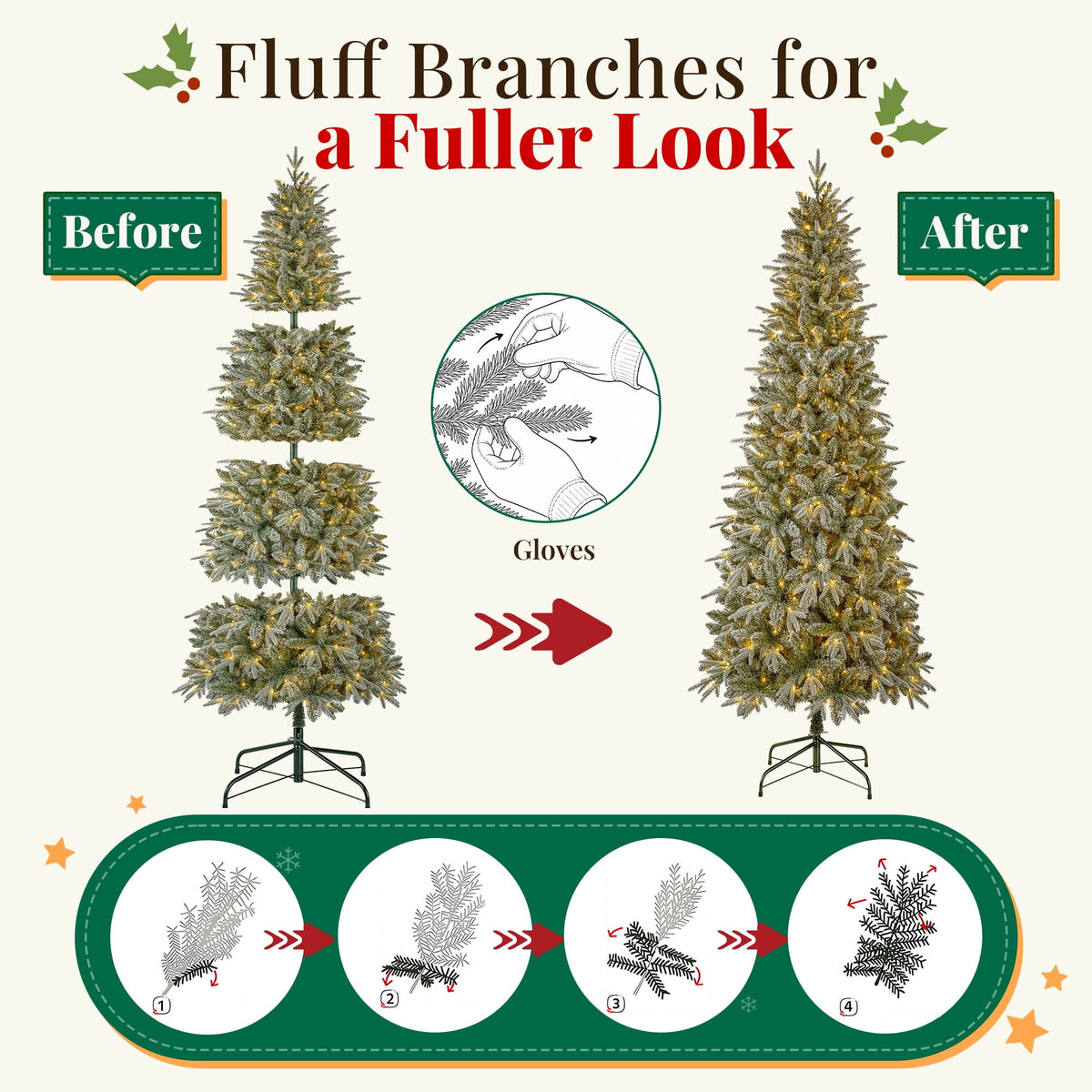 Goosiay 6 ft Pre-Lit Frosted Slim Aspen Fir Artificial Christmas Tree, PE & PVC Branches, 200 Warm White & Multicolor Lights, 10 Light Modes, 853 Branch Tips