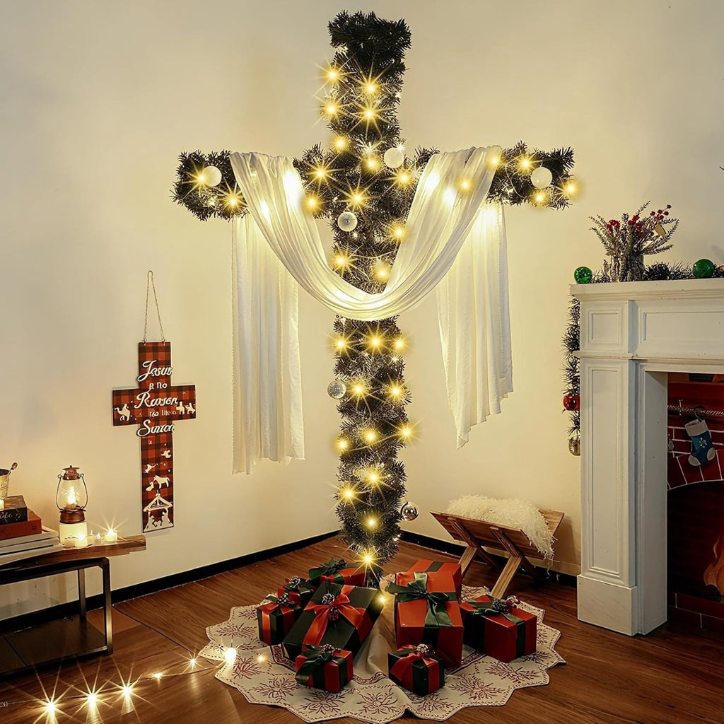 Christmas Tree, Artificial Cross Design with Lights, White Scarf and Metal Stand