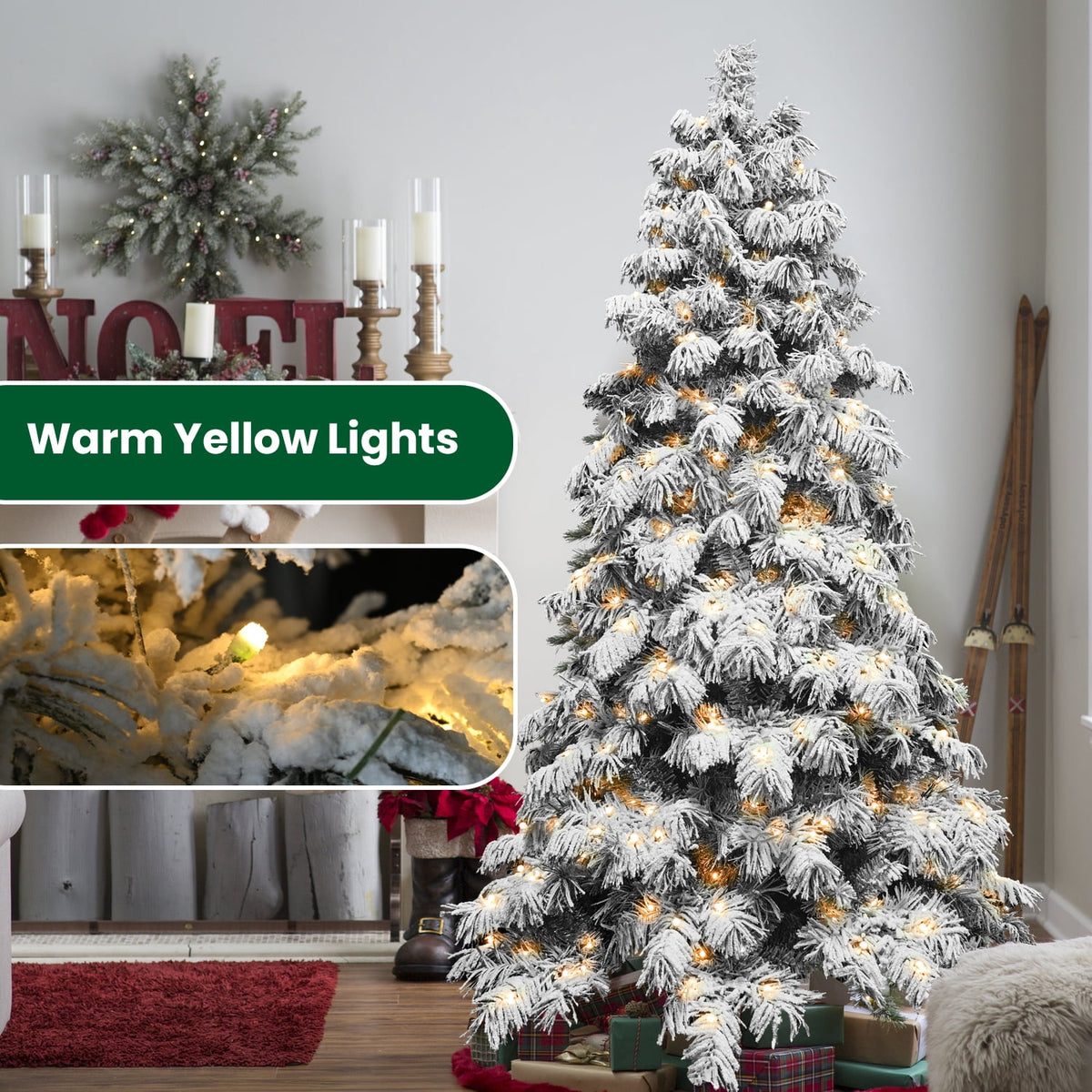 Euroco 7ft Flocked Scarecrow-Shaped Christmas Tree with 360 Warm White LED Lights, 890 PVC Memory Wire Tips,Power Pole & Hinged Structure – Realistic Snowy Holiday Tree