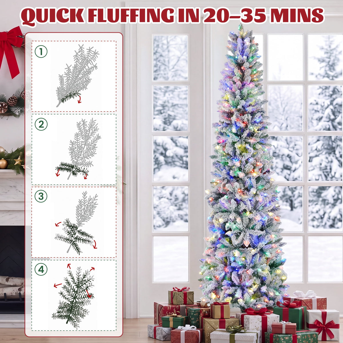edx 9ft Pre-lit Pencil Christmas Tree, Green Artificial Spruce Slim Christmas Trees, With 500 LED Lights, 1100 Branch Tips & Foldable Base, For Home, Office, Party Decoration