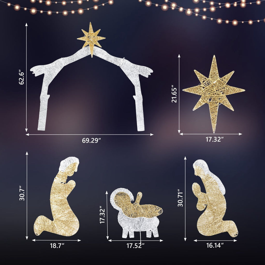 6ft Lighted Nativity Scene with 190 LED Warm White Lights – Silver Roof Garden Jesus Decoration, for Outdoor Christmas Decor