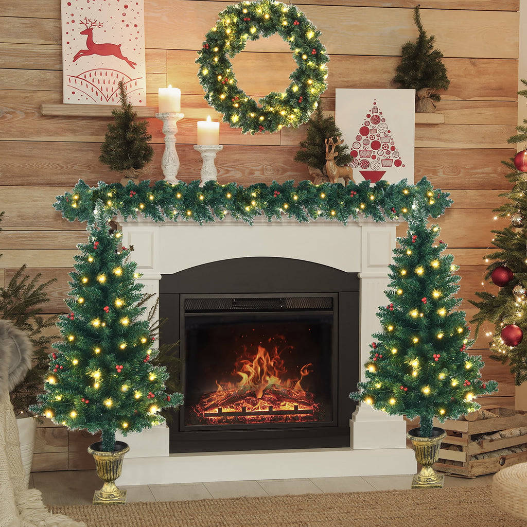 Costway 4pcs Pre-lit Christmas Decoration Set w/ Garland Wreath & Entrance Trees