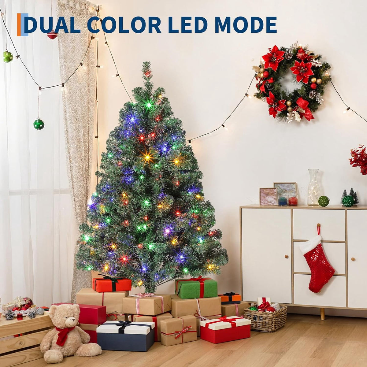 7.5ft Full PE Branch Artificial Spruce Christmas Tree, Hinged Sections Foldable Metal Base Holiday Decor