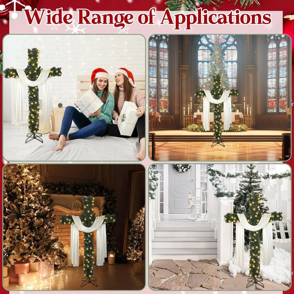 Christmas Tree, Artificial Cross Design with Lights, White Scarf and Metal Stand