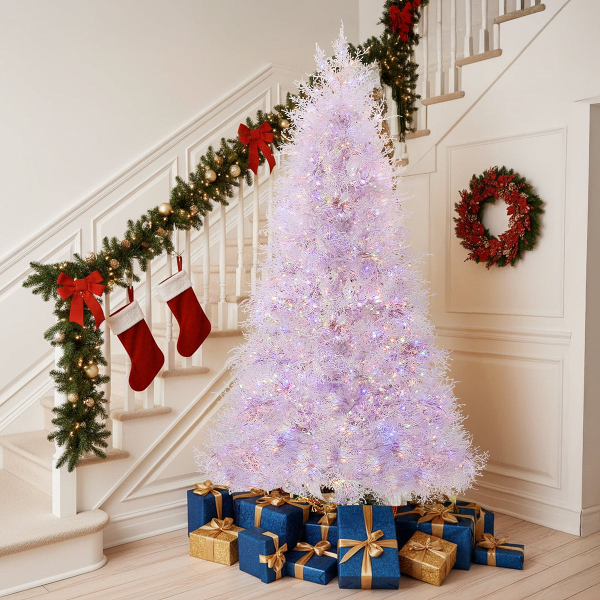 7FT White Christmas Tree, 400 LED Lights with 3 Modes Warm White Multi-color Macaroon, 1218 PE Branch Tips, Flame-Retardant, Reinforced Metal Stand, Indoor Living Room Entryway Office Holiday Decor