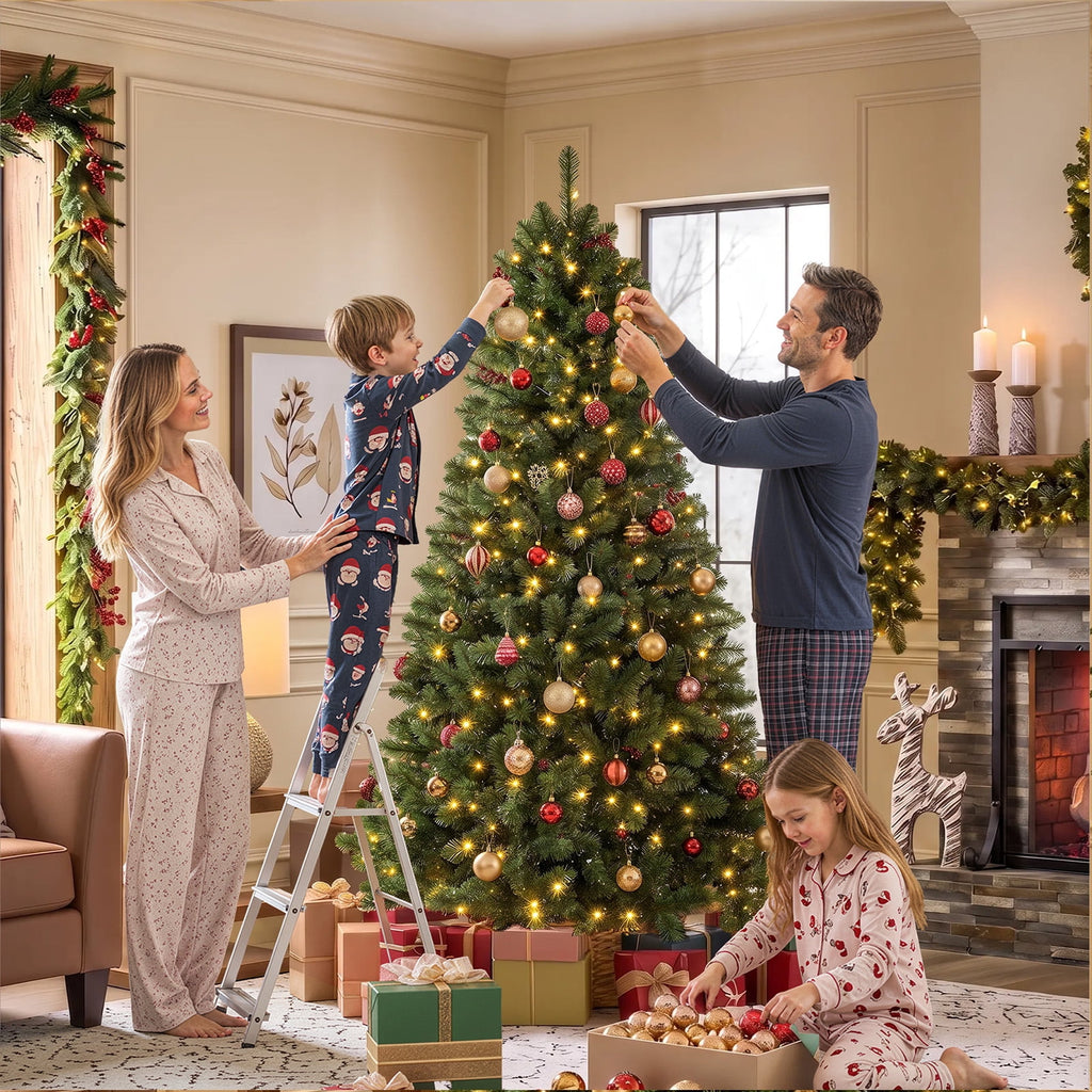 Lolsea 6.5ft Prelit Artificial Classic Christmas Tree with Warm White Lights for Living Room Office Party Decoration