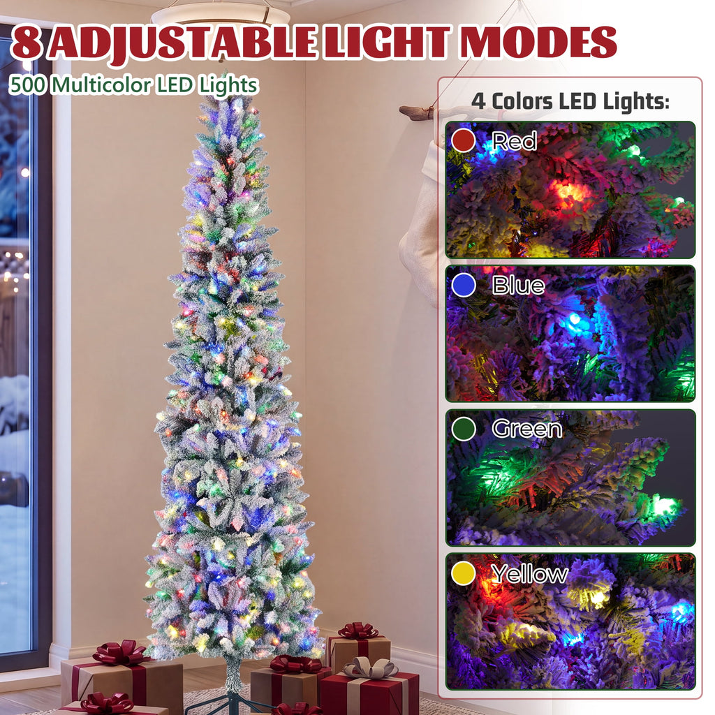 edx 9ft Pre-lit Pencil Christmas Tree, Green Artificial Spruce Slim Christmas Trees, With 500 LED Lights, 1100 Branch Tips & Foldable Base, For Home, Office, Party Decoration