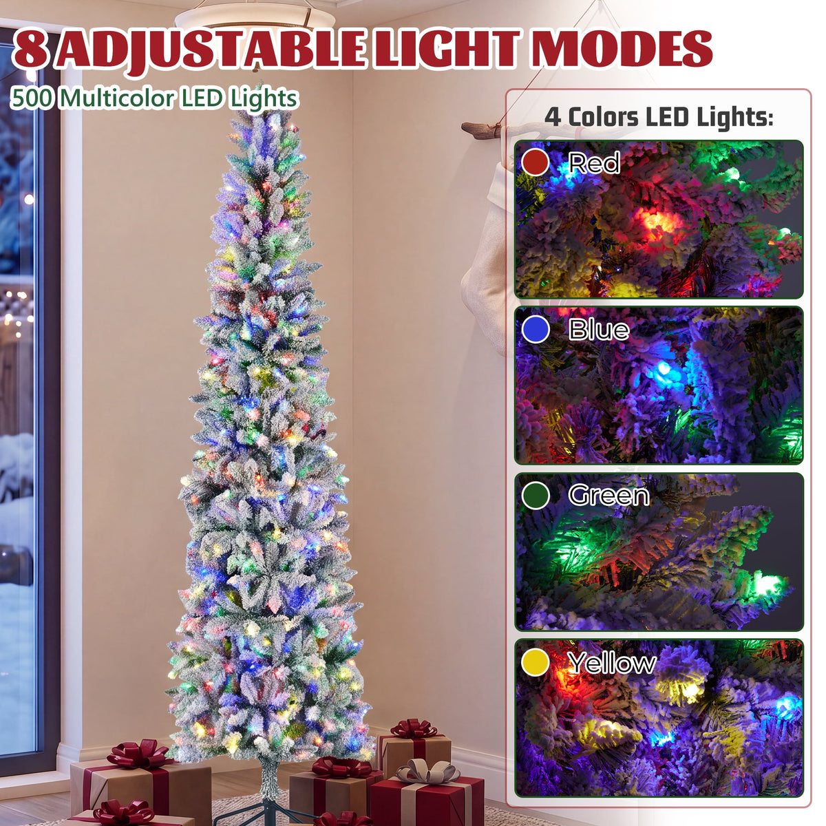 edx 9ft Pre-lit Pencil Christmas Tree, Green Artificial Spruce Slim Christmas Trees, With 500 LED Lights, 1100 Branch Tips & Foldable Base, For Home, Office, Party Decoration