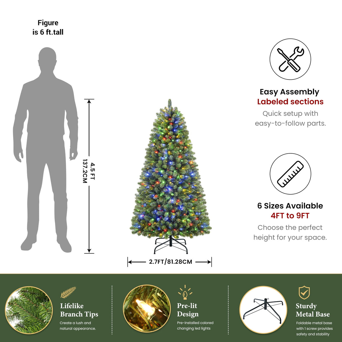 Lolsea 7ft Prelit Artificial Christmas Tree w/ Remote Control and Warm White & Color Changing Lights