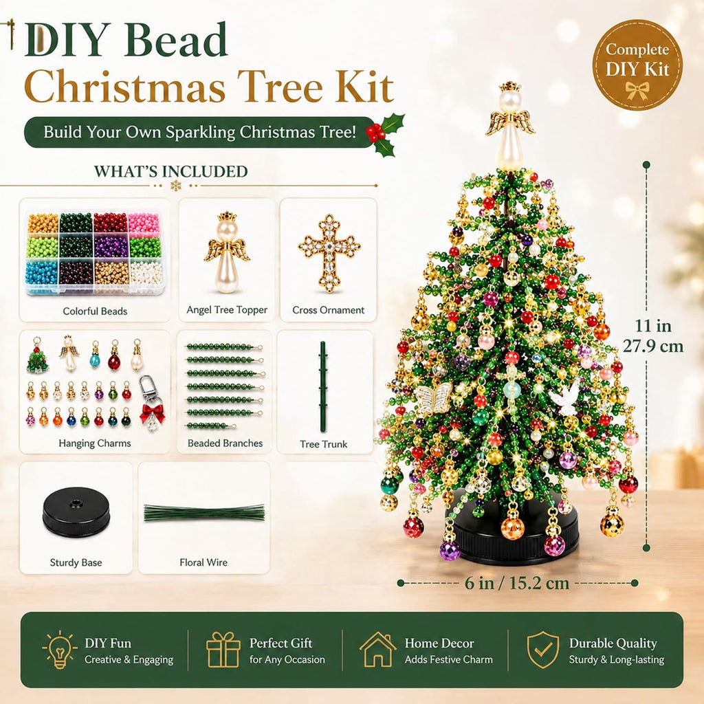 MerriBead Christmas Tree, DIY Beaded Christmas Tree Kit with Lights, Handmade Mini Desk Bead Art Holiday Decoration