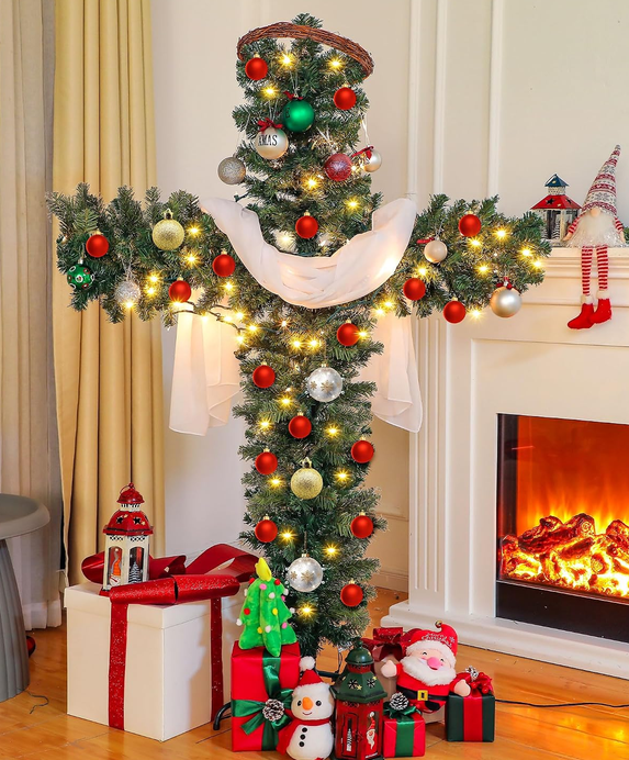 Loyerfyivos 6Ft Pre-Lit Christmas Crosses Tree Artificial Christmas Cross Tree Artificial Xmas Tree with LED Light and Christ Crown Silk Scarf Wood Rattan Ring for Home Decor Celebrate Lord Savio