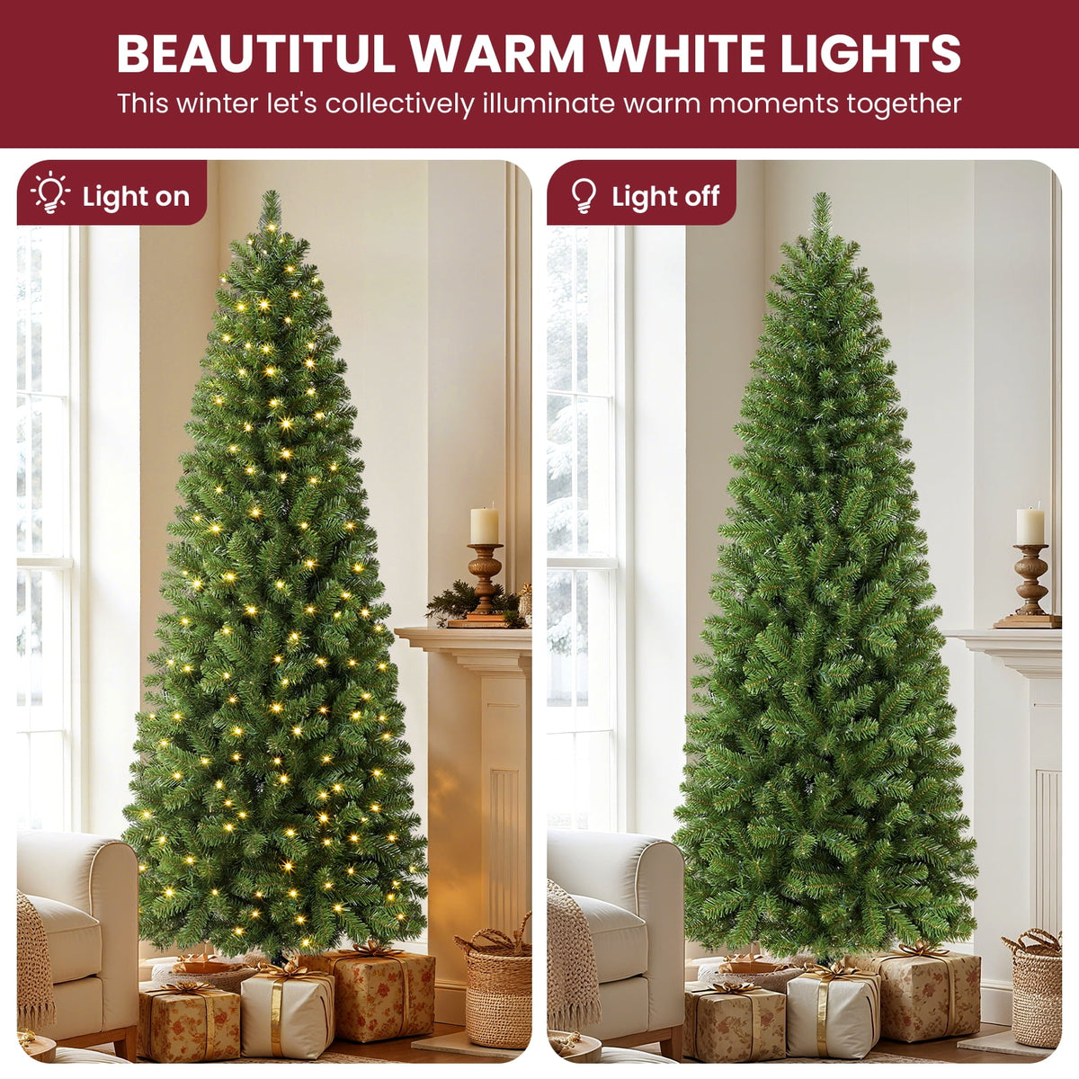 Lolsea 6.5ft Prelit Artificial Slim Pencil Christmas Tree w/ Warm White Lights, Full Branch Tips, Perfect Choice Decoration for Xmas Holiday