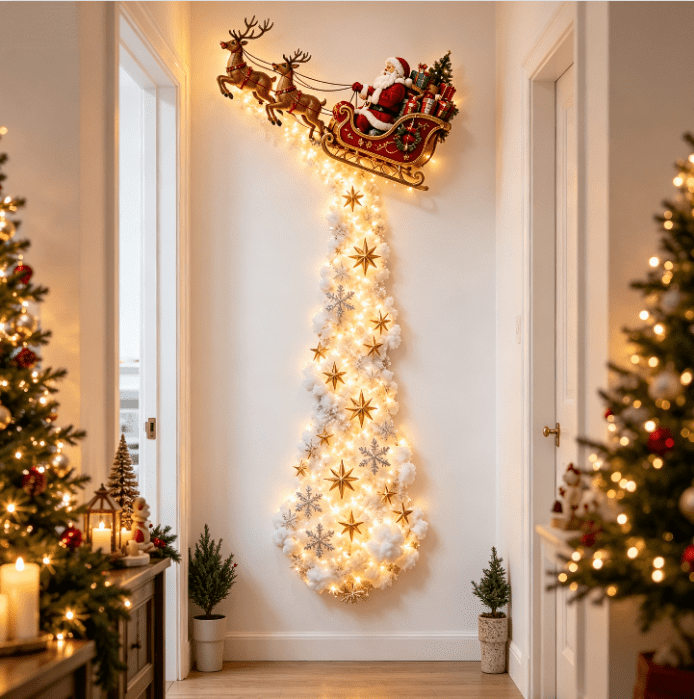 Lighted Christmas Stair Railing Garland Pack of 5 Santa Figures Snow Scene Ornament for Staircase Banister Indoor Display