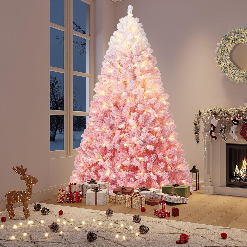 6FT Pre-Lit Snow Flocked Christmas Tree, Pink Gradient Design with 250 RGB & Warm White LED Lights, Sturdy Foldable Metal Stand for Living Room, Office & Holiday Display