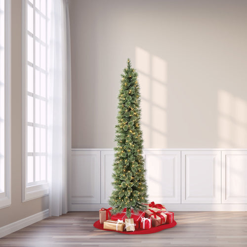 7' Pre-Lit Shelton Cashmere Pencil Fir Green Artificial Christmas Tree with 300 Warm White LED Lights and Stand, by Holiday Time