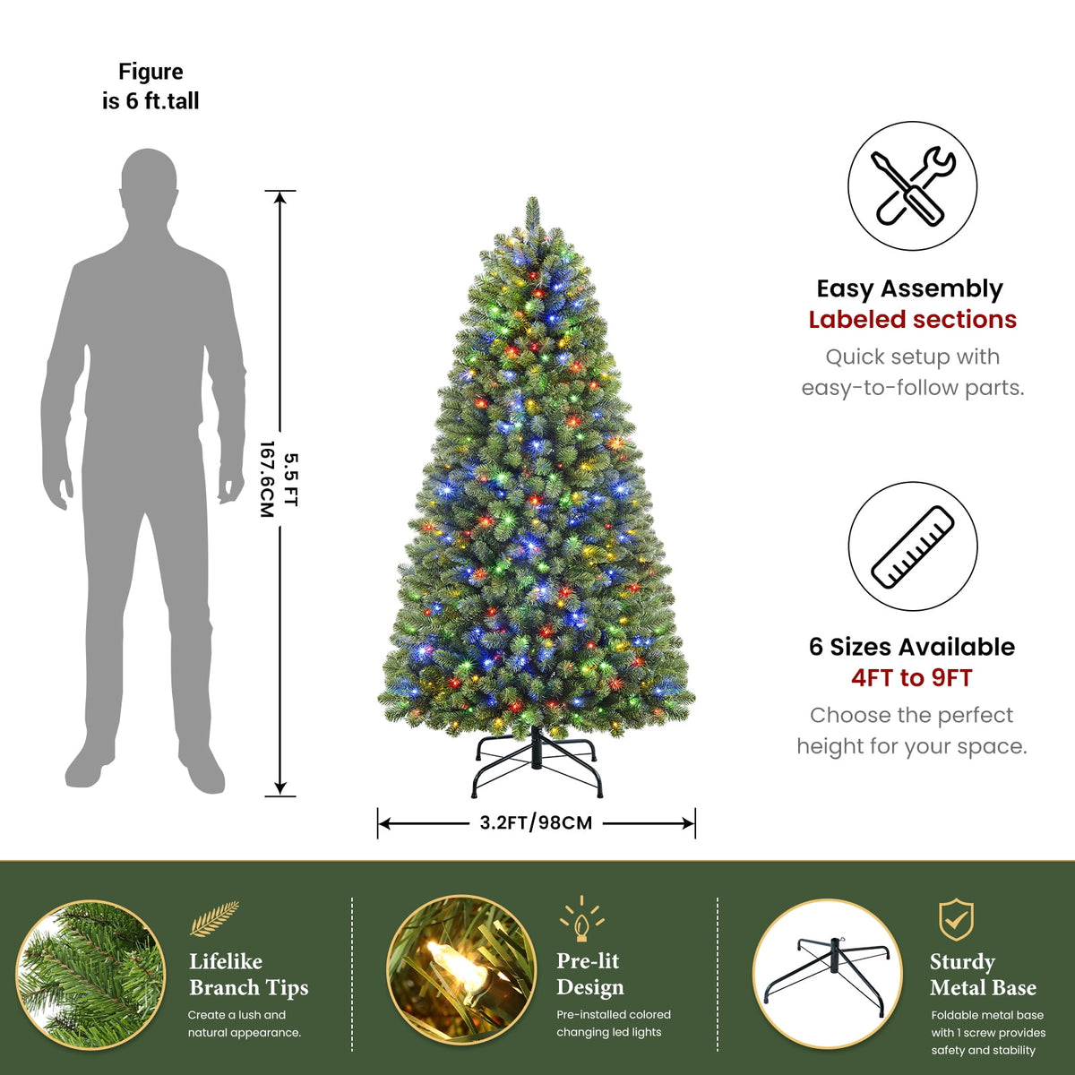 Lolsea 7ft Prelit Artificial Christmas Tree w/ Remote Control and Warm White & Color Changing Lights
